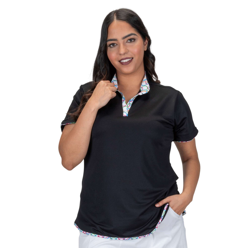 Nancy Lopez  Ringer Short Sleeve Polo Plus Black Multi