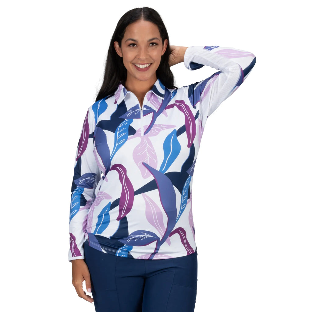 Nancy Lopez  Balance Long Sleeve Polo Plus White Multi (Bahama Print)